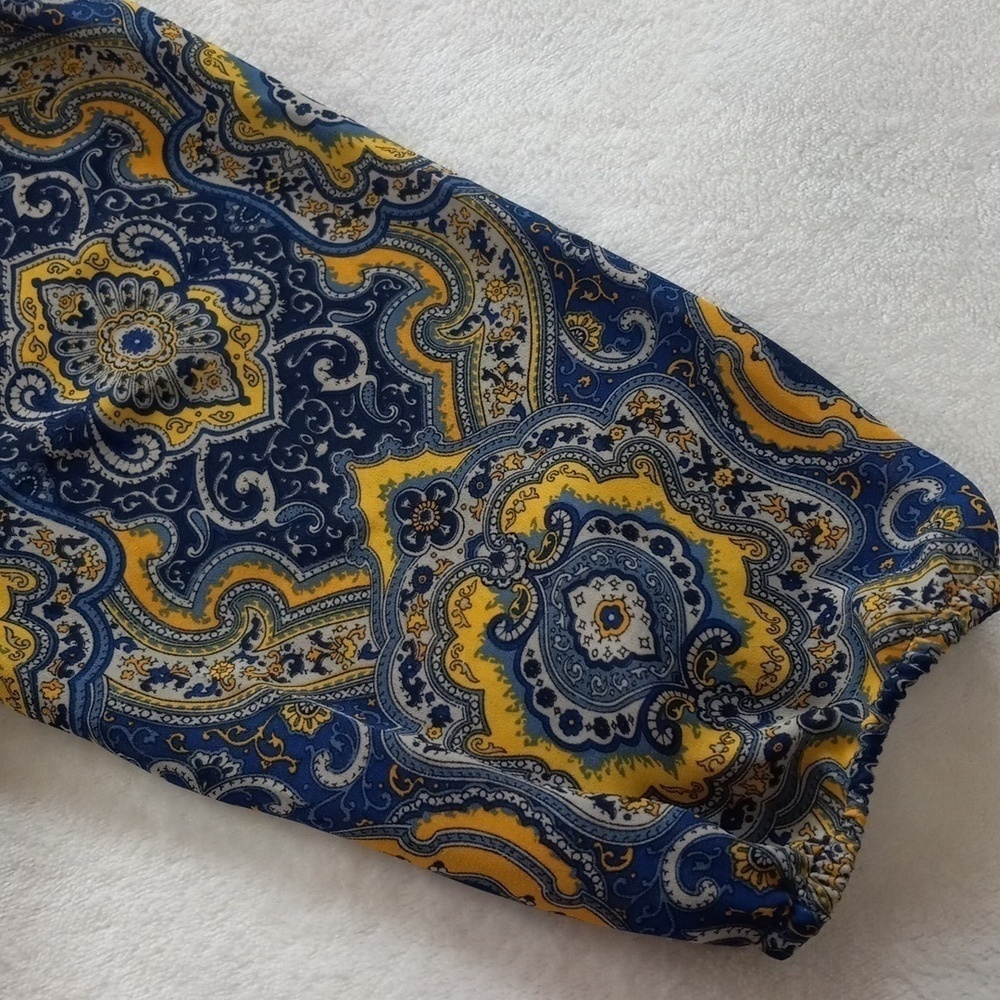 Ann Taylor Navy Mustard Yellow Paisley Boho Blouse Petite Small - Picture 8 of 13